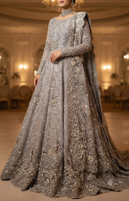 Silver Grey Bridal Lehenga Full Model View – Heavy Pearl & Katdana Embroidery
