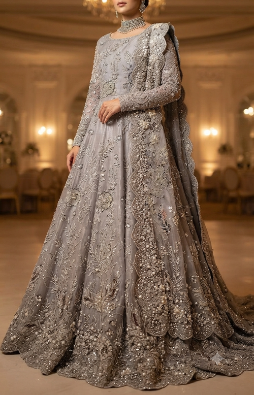 Silver Grey Bridal Lehenga Full Model View – Heavy Pearl & Katdana Embroidery
