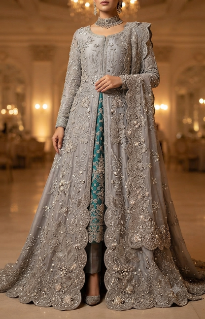 Silver Grey Bridal Lehenga – Pearl & Crystal Chest Embroidery Close Up