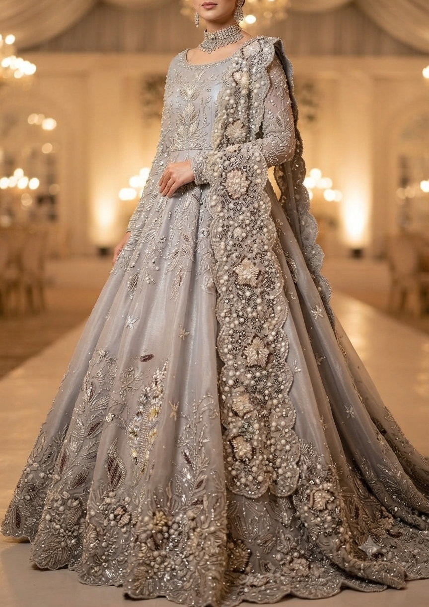 Silver Grey Bridal Lehenga – Dupatta & Lehenga Pearl Border Detail
