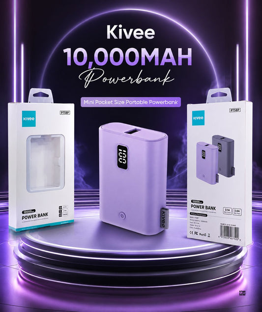 Kivee PT58P 10000mAh Powerbank Purple and White Feature Highlights LED Display Dual Output