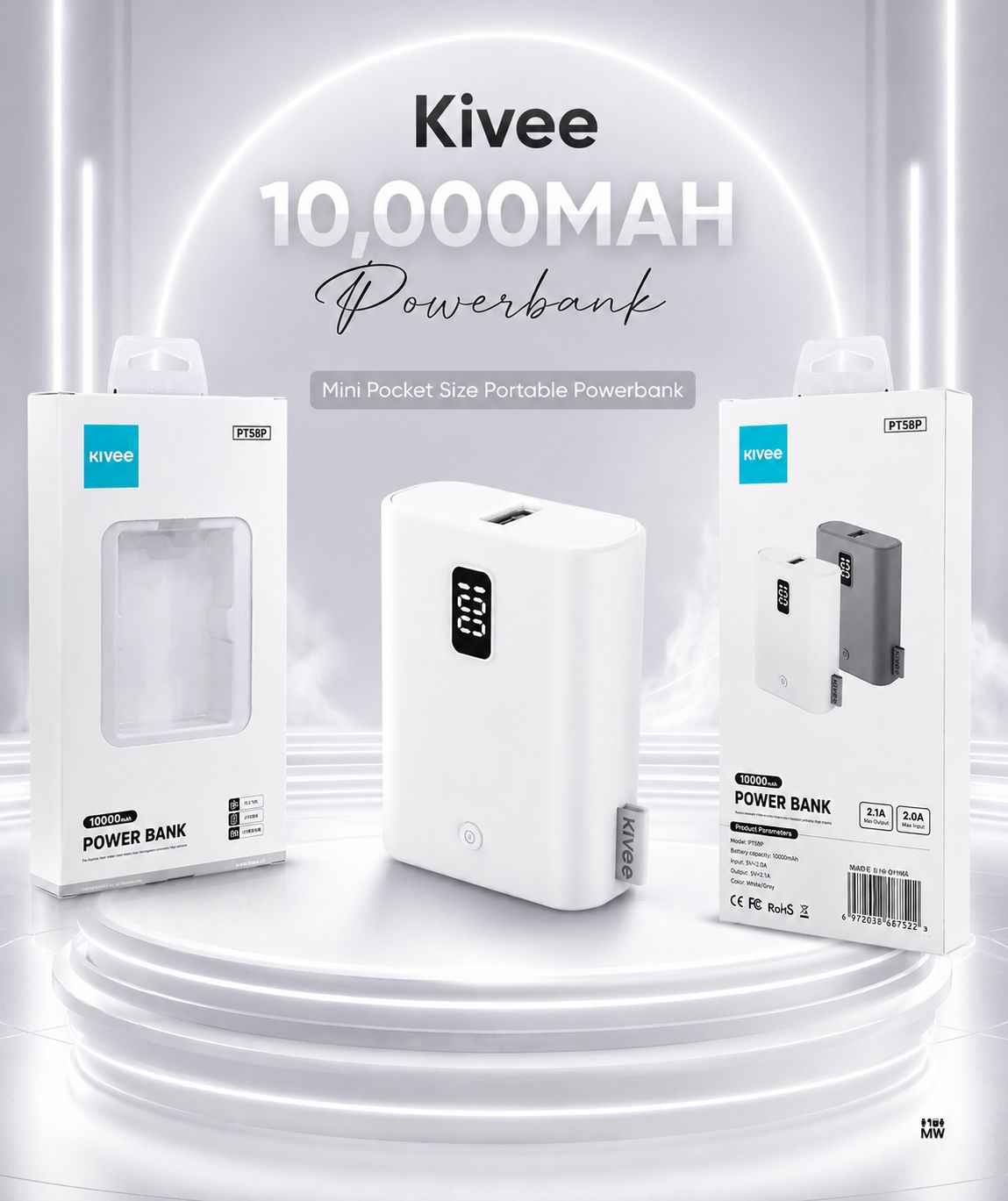 Kivee PT58P 10000mAh Powerbank White Box Pack Side View Specifications