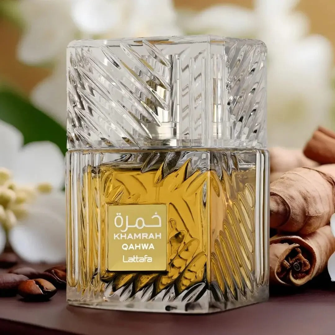 Khamrah Qahwa Lattafa Perfume with white flowers and cinnamon