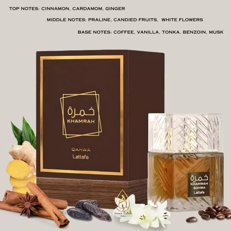 Khamrah Qahwa Lattafa fragrance notes – Cinnamon, Cardamom, Coffee, Vanilla