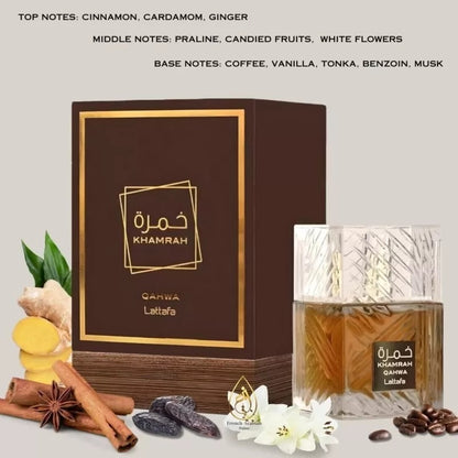 Khamrah Qahwa Lattafa fragrance notes – Cinnamon, Cardamom, Coffee, Vanilla