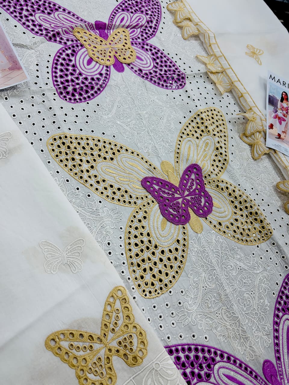 Butterfly 3D Embroidered Lawn Suit - White Flat Lay Front Close Up Butterfly Applique