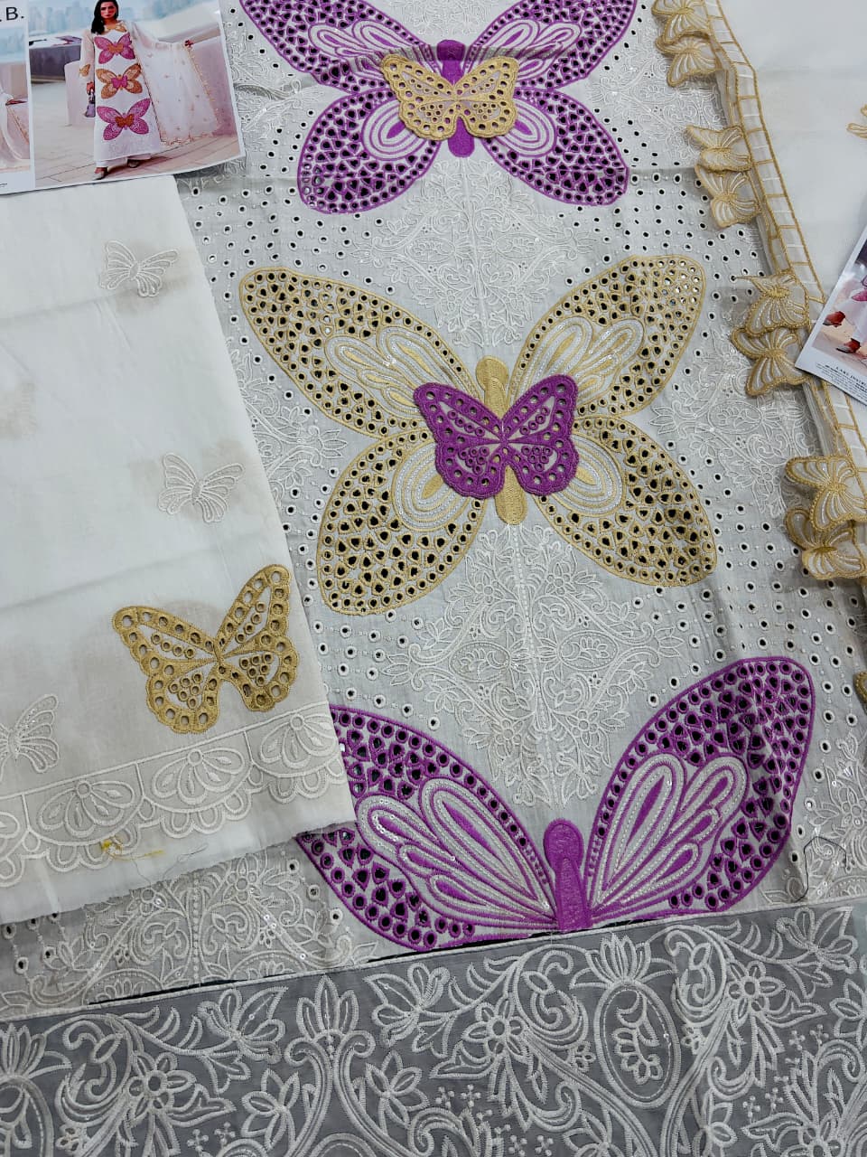 Butterfly 3D Embroidered Lawn Suit - White Flat Lay All Pieces Angle 2