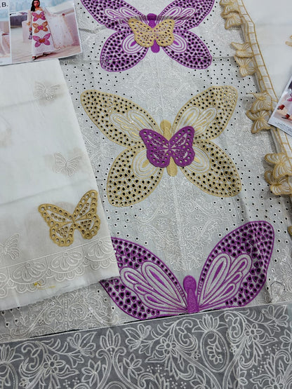 Butterfly 3D Embroidered Lawn Suit - White Flat Lay All Pieces Angle 2