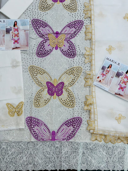 Butterfly 3D Embroidered Lawn Suit - White Flat Lay All Pieces with Khaadi Net Dupatta
