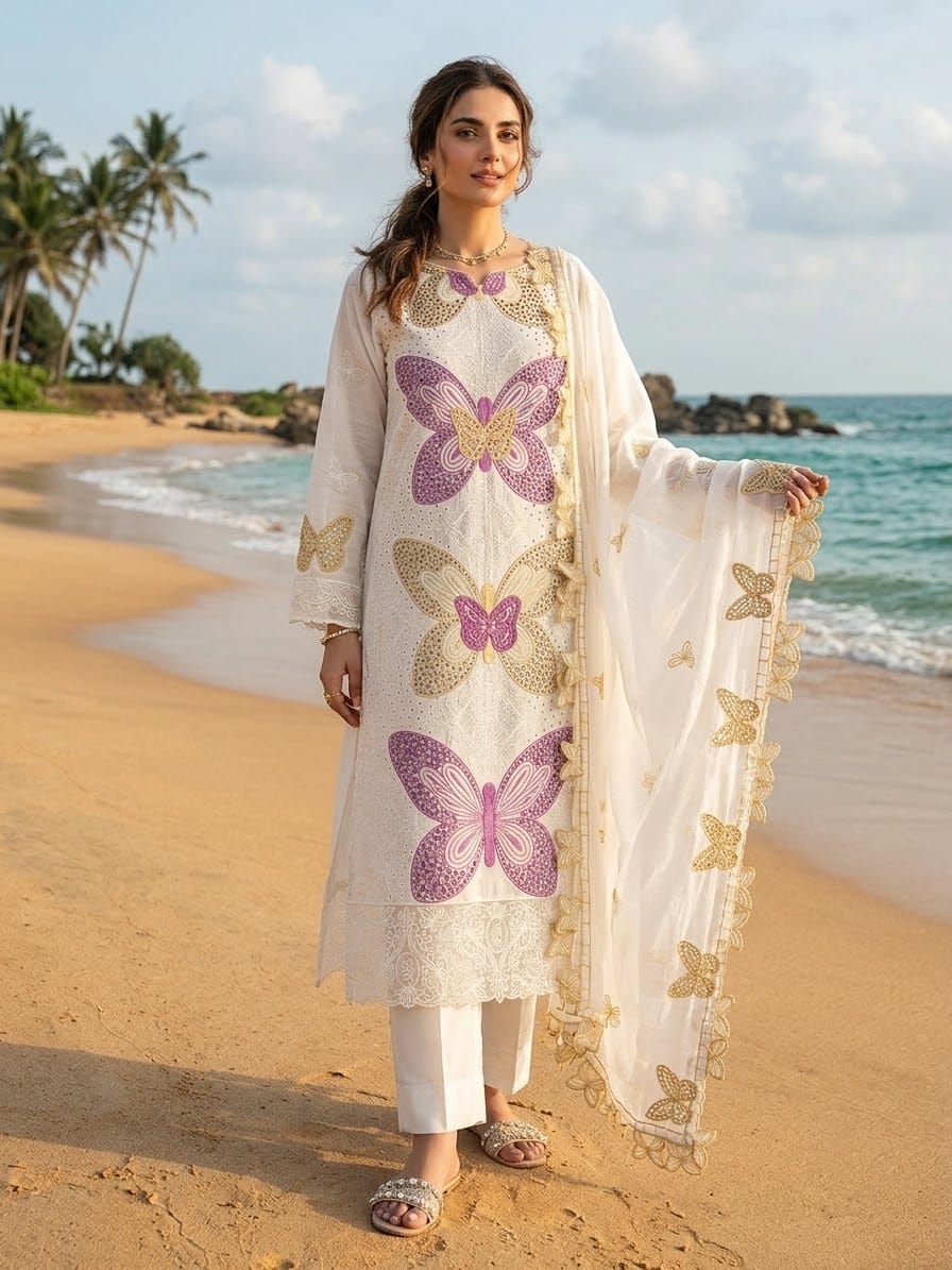 Butterfly 3D Embroidered Lawn Suit - Model Full Length Beach Shot Front View