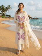 Butterfly 3D Embroidered Lawn Suit - Model Full Length Beach Shot Smiling
