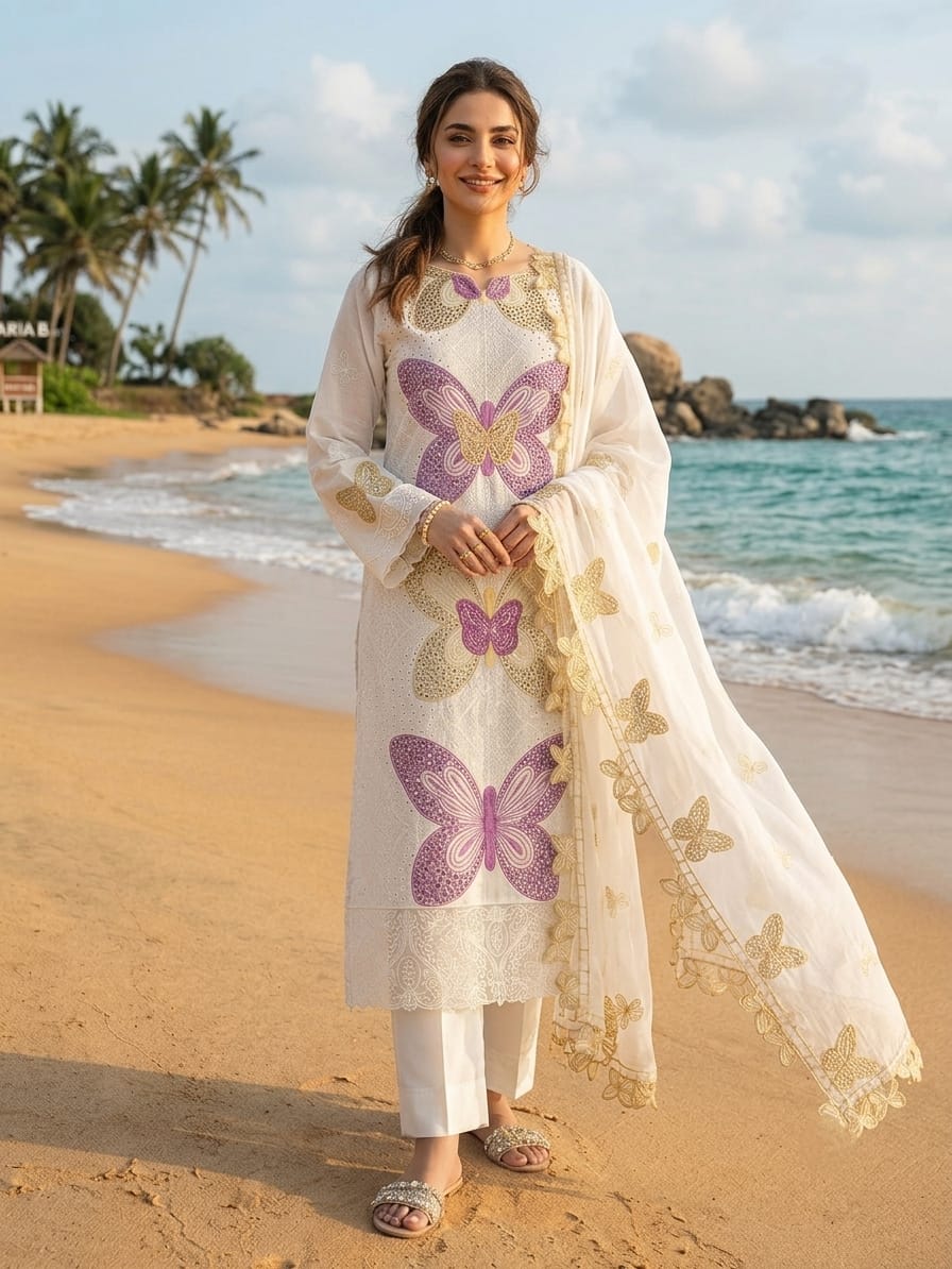 Butterfly 3D Embroidered Lawn Suit - Model Full Length Beach Shot Smiling