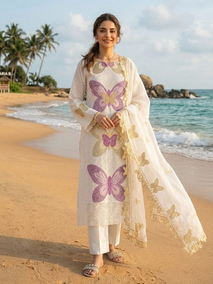 Butterfly 3D Embroidered Lawn Suit - Model Full Length Beach Shot Smiling