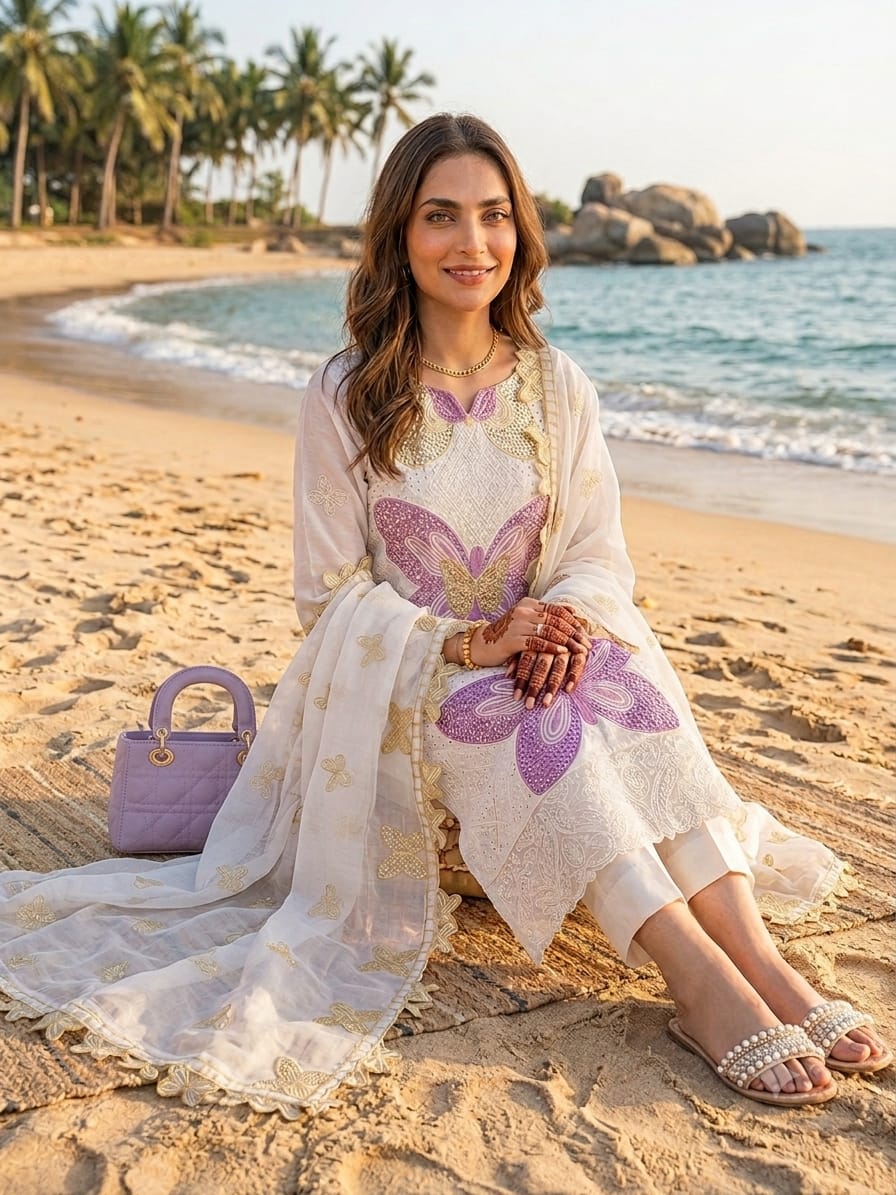 Butterfly 3D Embroidered Lawn Suit - Model Seated Beach Portrait Close Up
