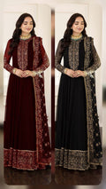 Loban maroon embroidered chiffon maxi – model wearing full look with gold jewellery