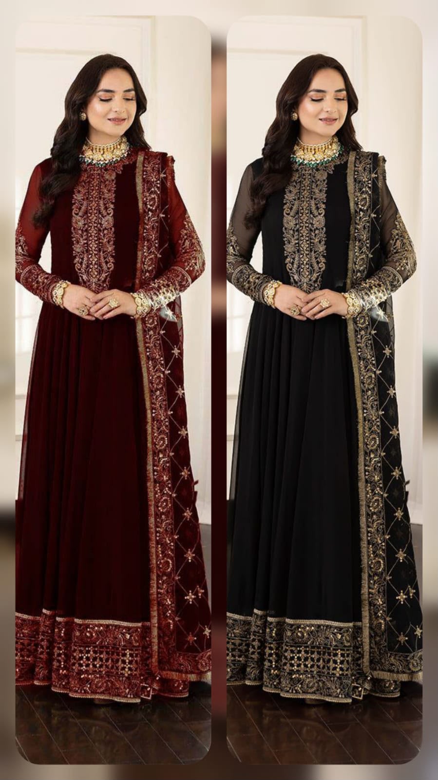 Loban maroon embroidered chiffon maxi – model wearing full look with gold jewellery