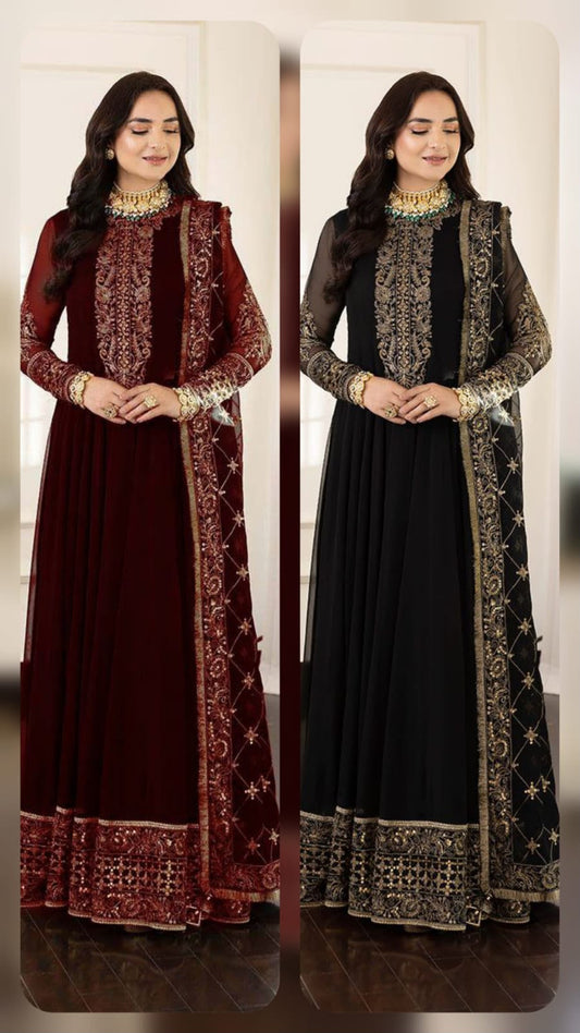 Loban maroon embroidered chiffon maxi – model wearing full look with gold jewellery