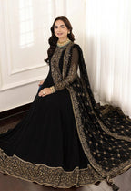 Loban black embroidered chiffon maxi – model seated with dupatta spread