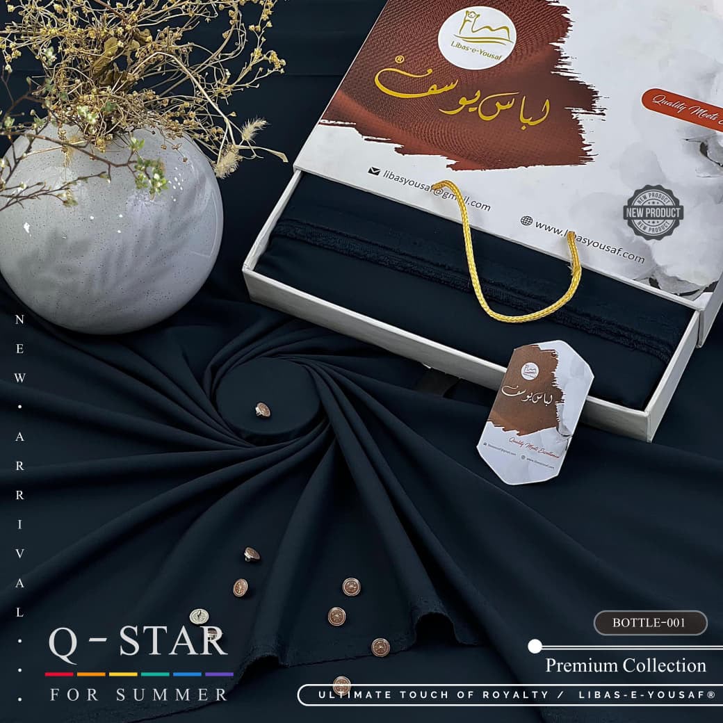 Q-Star Black fabric with buttons and Libas-e-Yousaf gift box