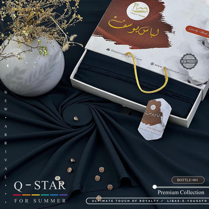 Q-Star Black fabric with buttons and Libas-e-Yousaf gift box