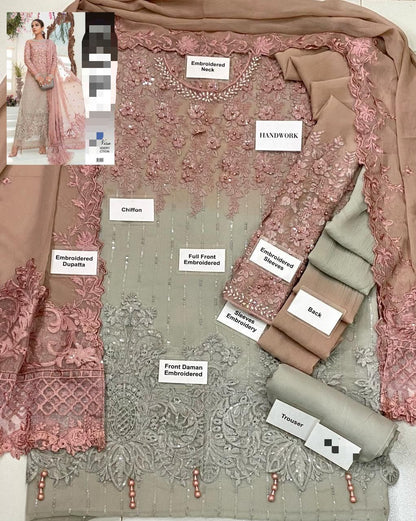 Embellished handwork chiffon tie & dye suit – fabric layout with labels