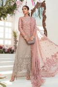 Model wearing pink grey embroidered chiffon suit with dupatta