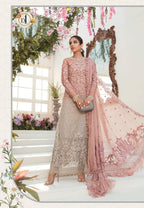 Model wearing pink grey embroidered chiffon suit – full length view