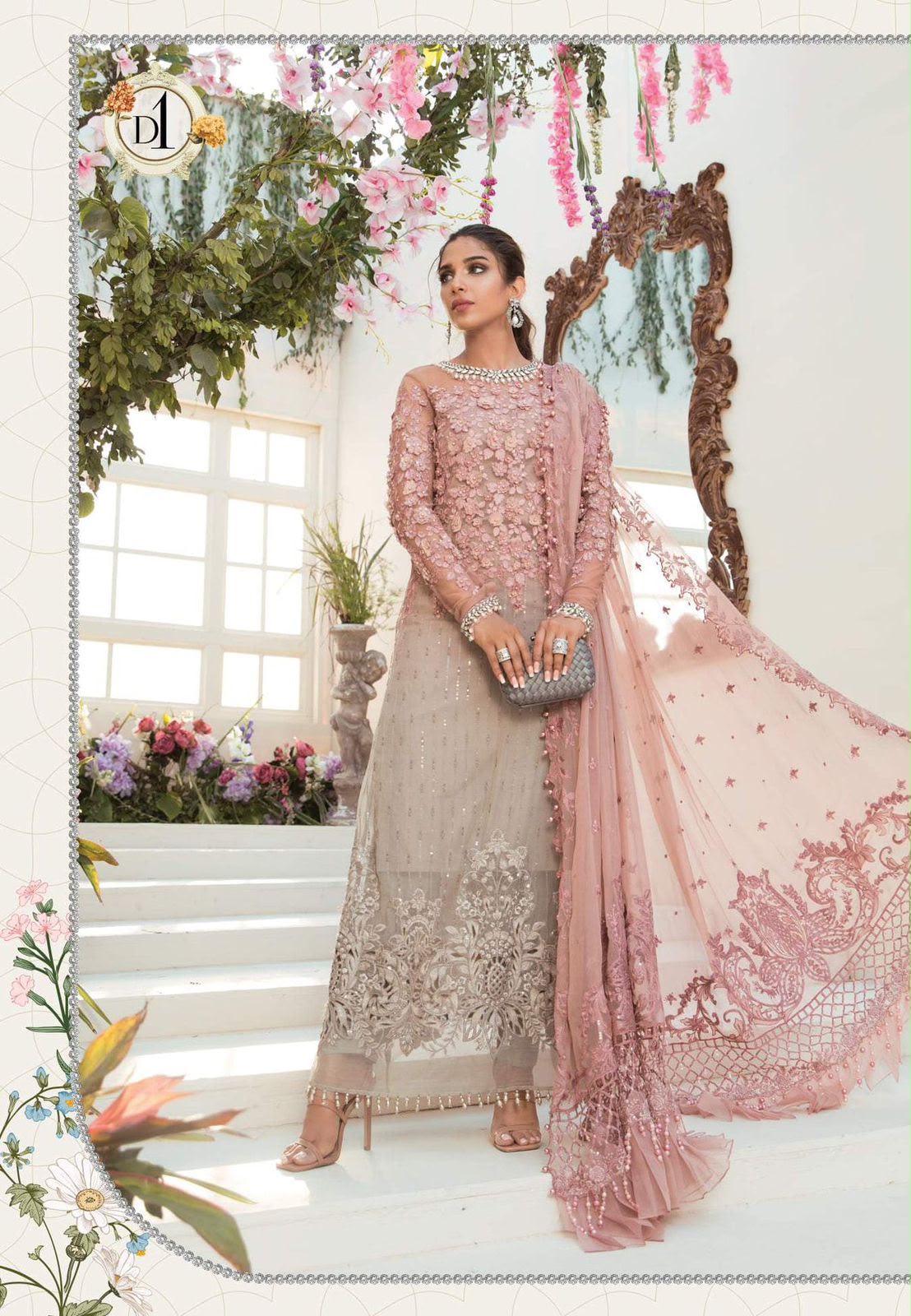 Model wearing pink grey embroidered chiffon suit – full length view