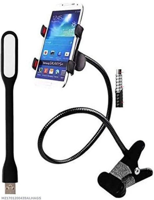 Flexible lazy mobile holder with USB LED light combo