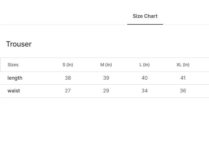 Navy blue dri-fit trousers size chart showing S M L XL measurements for length and waist in inches
