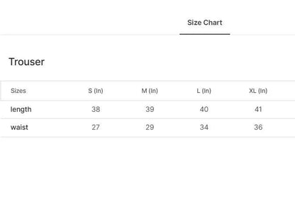 Navy blue dri-fit trousers size chart showing S M L XL measurements for length and waist in inches