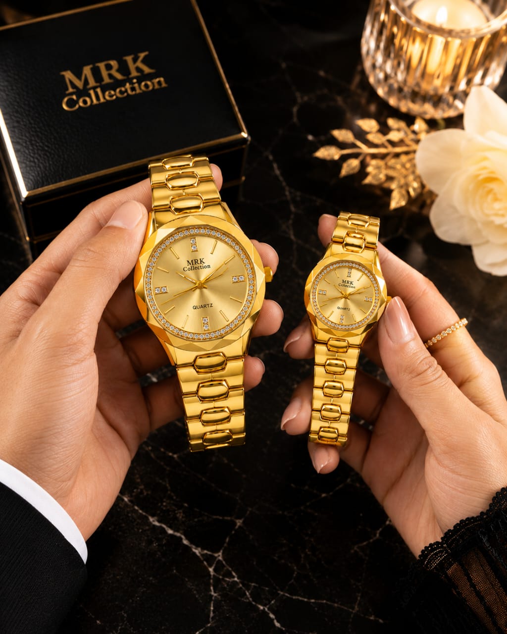 MRK Collection Couple Watch Set - Full Gold in hands