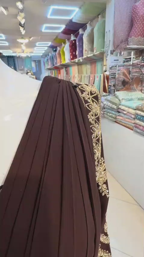 Dark Brown Heavy Embroidered Ready-to-Wear Saree Style Suit – Formal & Wedding Wear