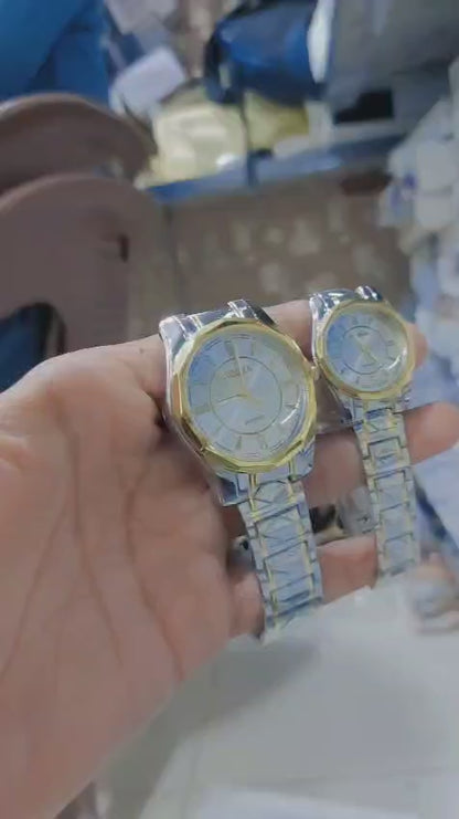 Luxury Couple Watch Set – Quartz Stainless Steel | Gift Box Included
