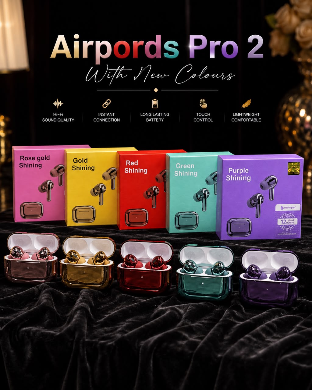 Airpods Pro 2 – 5 Colors Collection: Rose Gold, Gold, Red, Green, Purple Shining