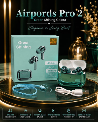 Airpods Pro 2 Green Shining Colour – Box with Earbuds, Case, Cable & Strap