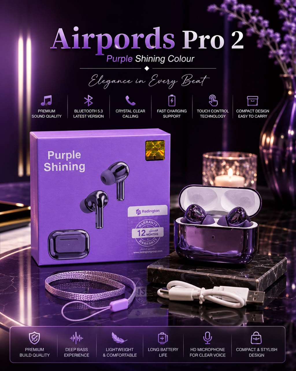 Airpods Pro 2 Purple Shining Colour – Box with Earbuds, Case, Cable & Strap