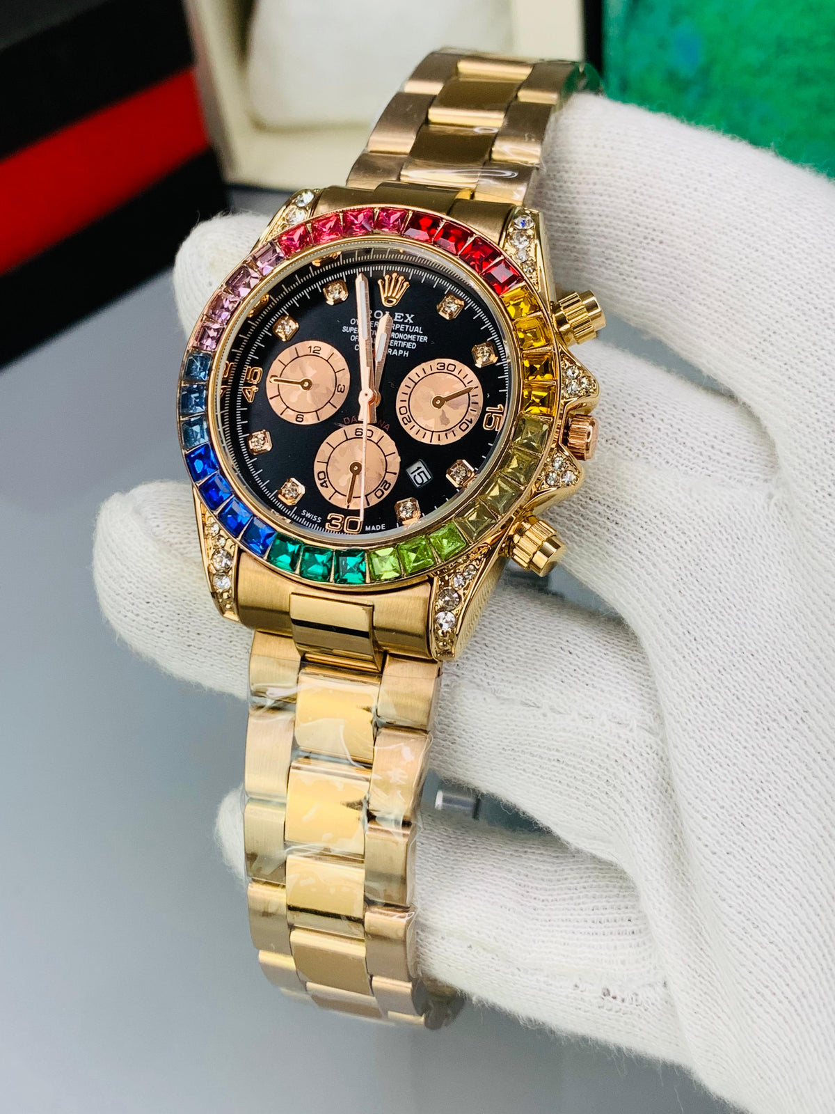 Rainbow Bezel Chronograph Watch - Clasp Detail