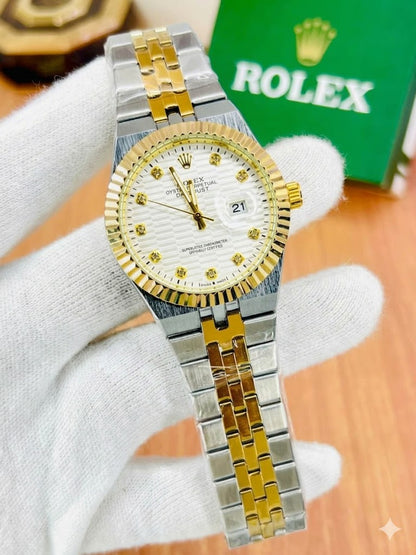 Luxury Semi-Automatic White Dial Two-Tone Gold Silver Watch – Front View in Hand