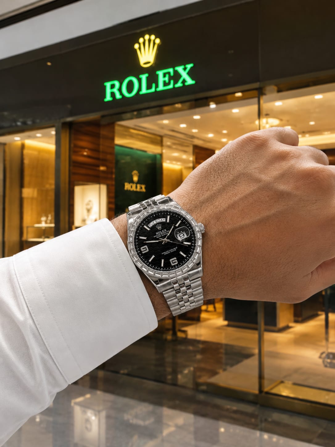 Luxury Day-Date Rose Gold Diamond Bezel Watch – Worn on Wrist Outside Boutique