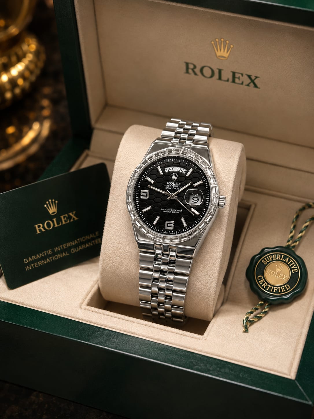 Luxury Day-Date Rose Gold Fluted Bezel Watch – Worn on Wrist Outside Boutique