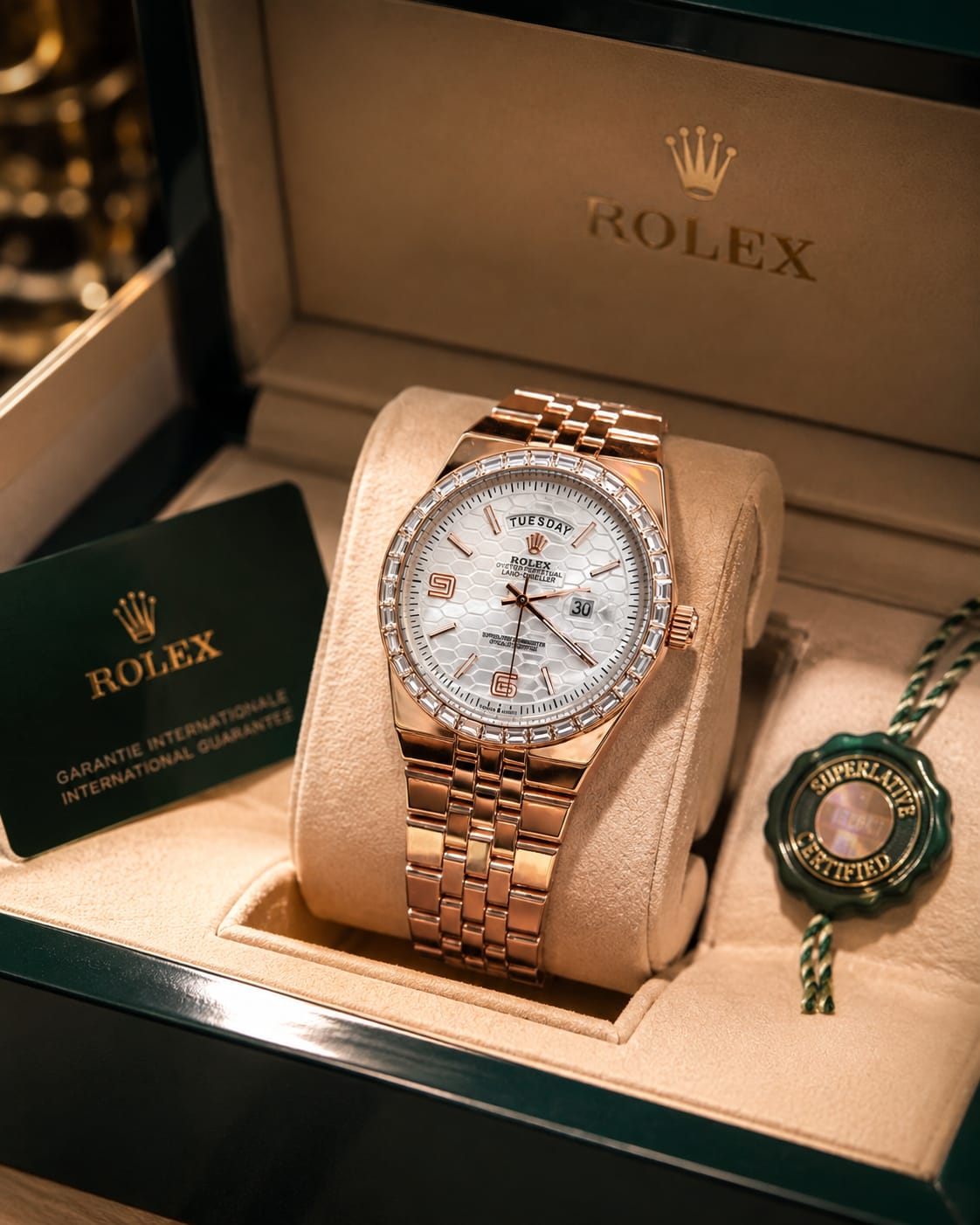 Luxury Day-Date Diamond Bezel Watch – Black Dial Promotional Ad – Premium Quality Water Resistant