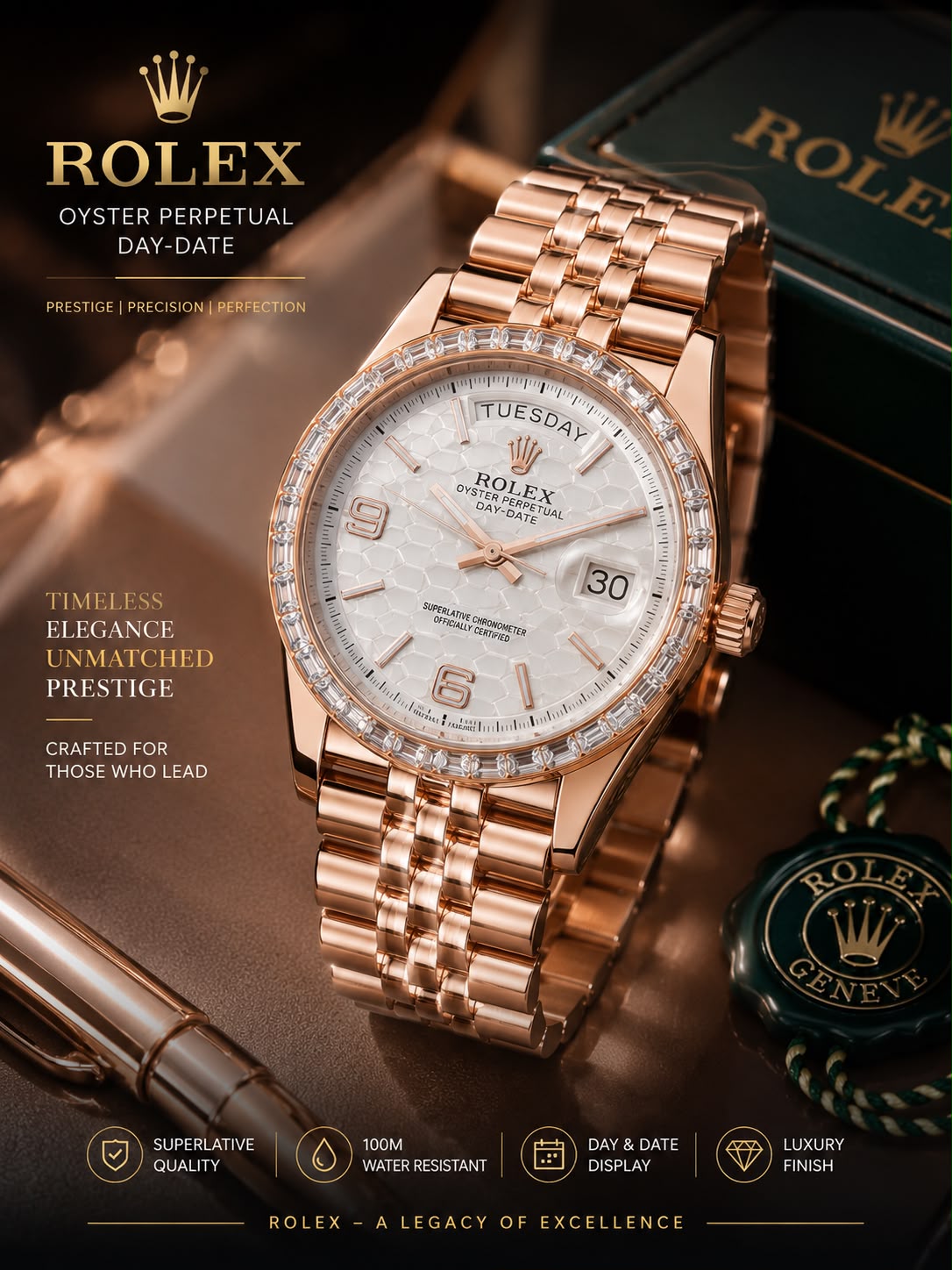Luxury Day-Date Rose Gold Diamond Bezel Watch – White Dial Close Up in Box
