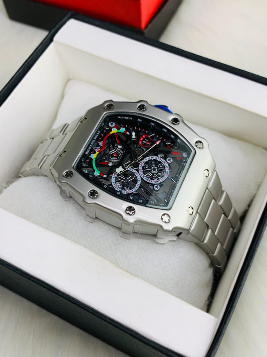 Skeleton Tonneau Watch - Silver Steel Bracelet Detail