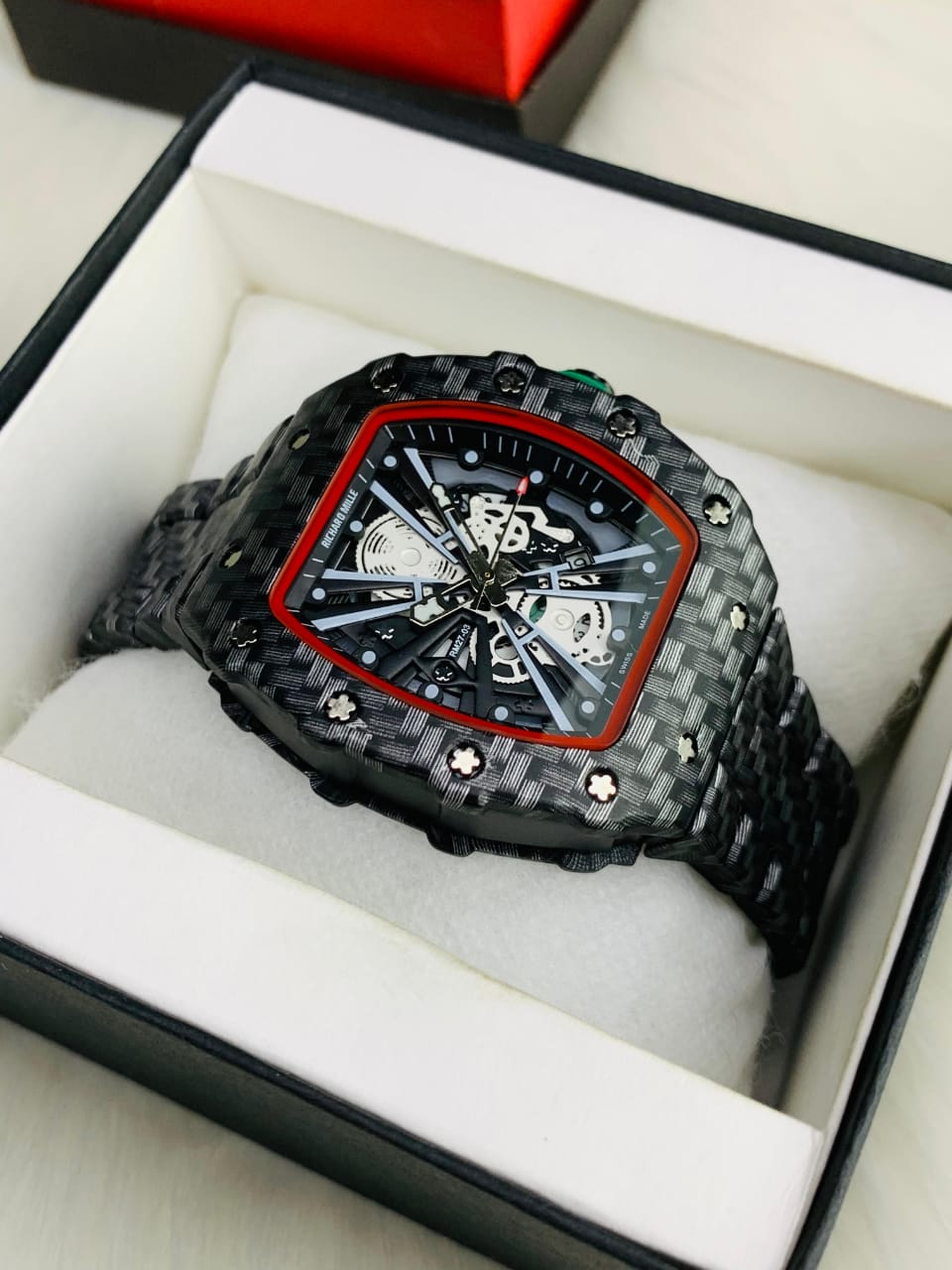 Skeleton Tonneau Watch - Black Carbon Full View