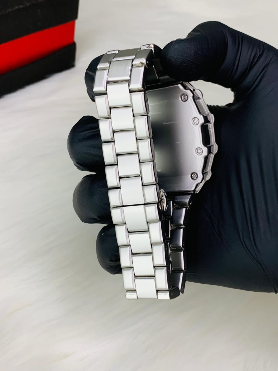 Skeleton Tonneau Watch - Black Carbon Red Bezel Hand