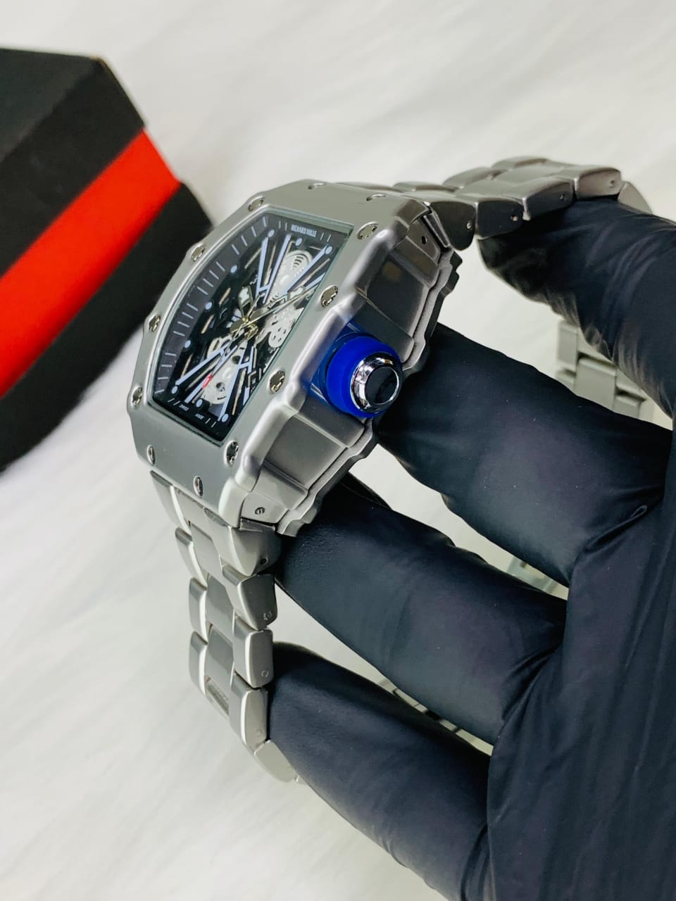 Skeleton Tonneau Watch - Silver in Box Front