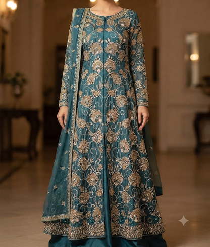 Teal Bridal Lehenga – Full Model View with Dupatta – Heavy Katdana Embroidery