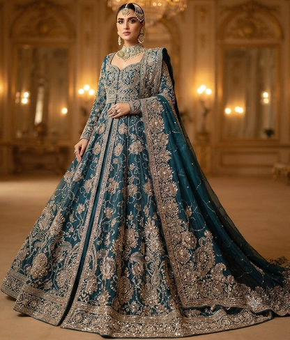 Teal Bridal Lehenga – Open Frock Style – Heavy Zardozi Embroidery Detail