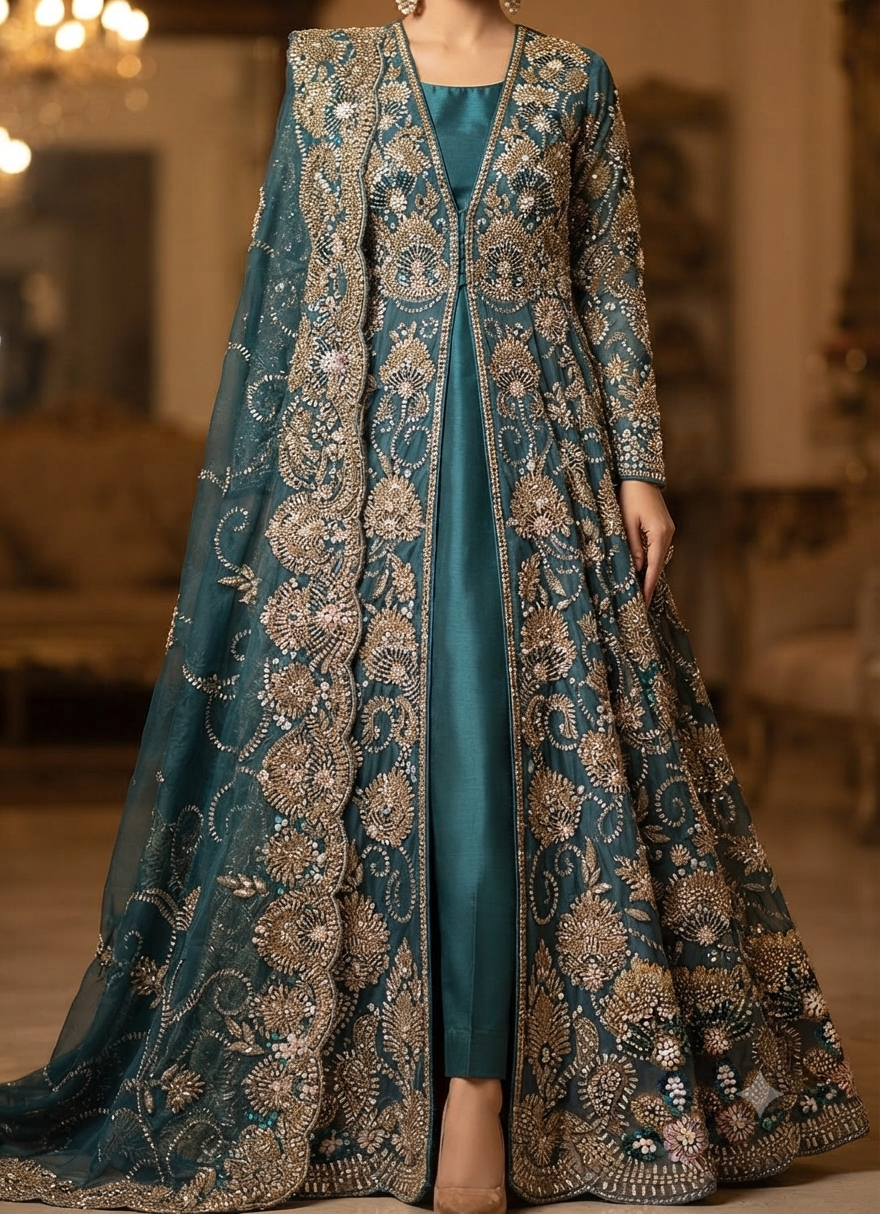 Teal Bridal Lehenga – Fabric Close Up – Floral Katdana Embroidery